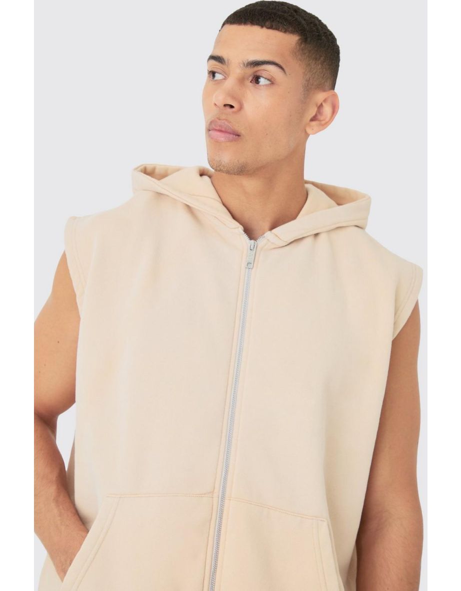 Shop Oversized Zip Through Washed Sleeveless Hoodie stone Online in Bahrain VogaCloset