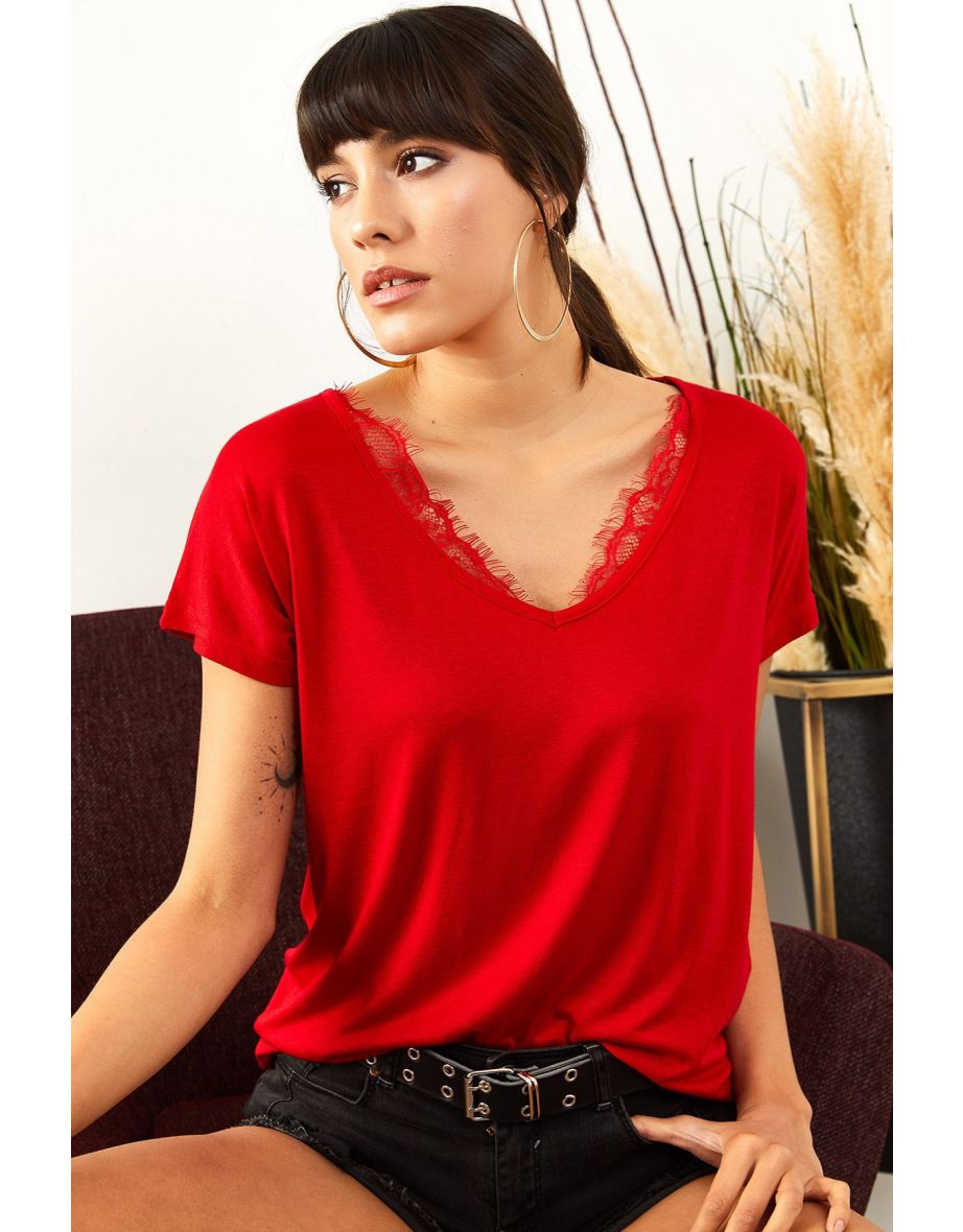 Women's Red Collar Lace Loose Viscose Blouse