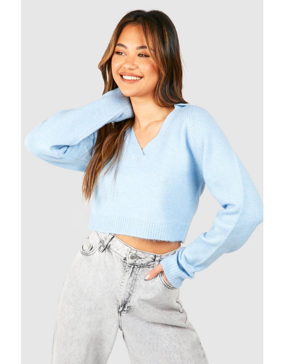 Soft Knit Fine Gauge Cropped Polo Collar Jumper - sky blue