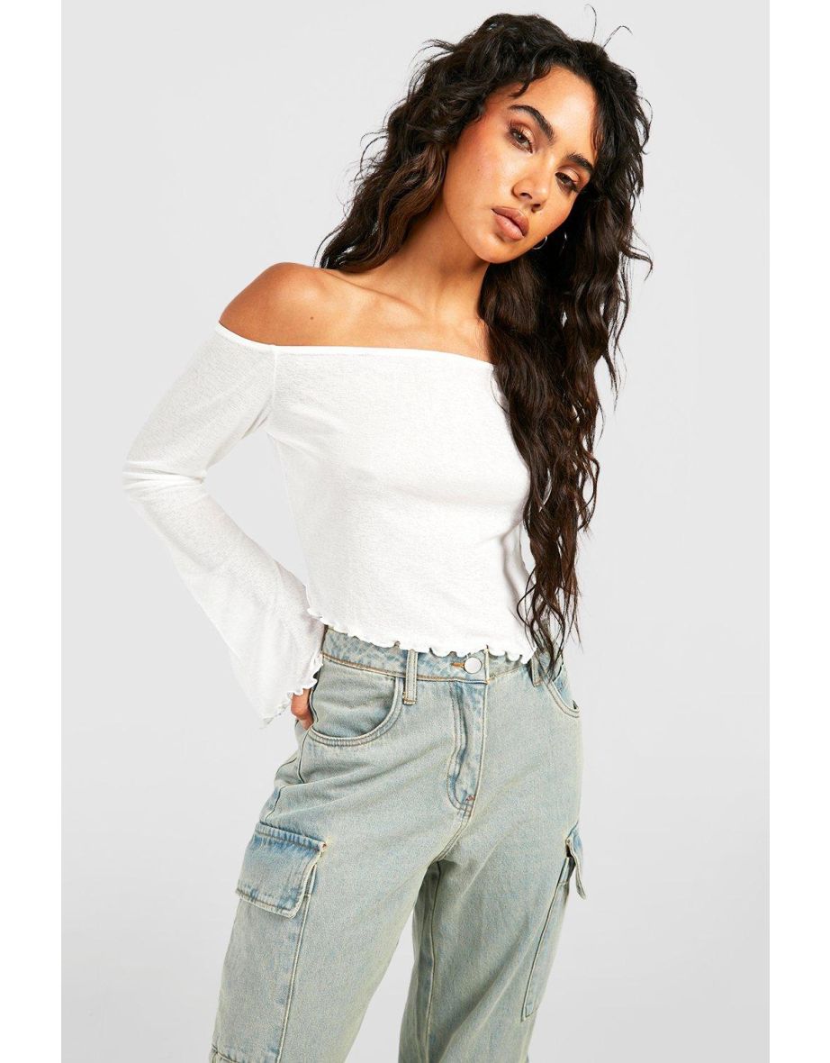 Onion Skin Bardot Flare Sleeve Top - white