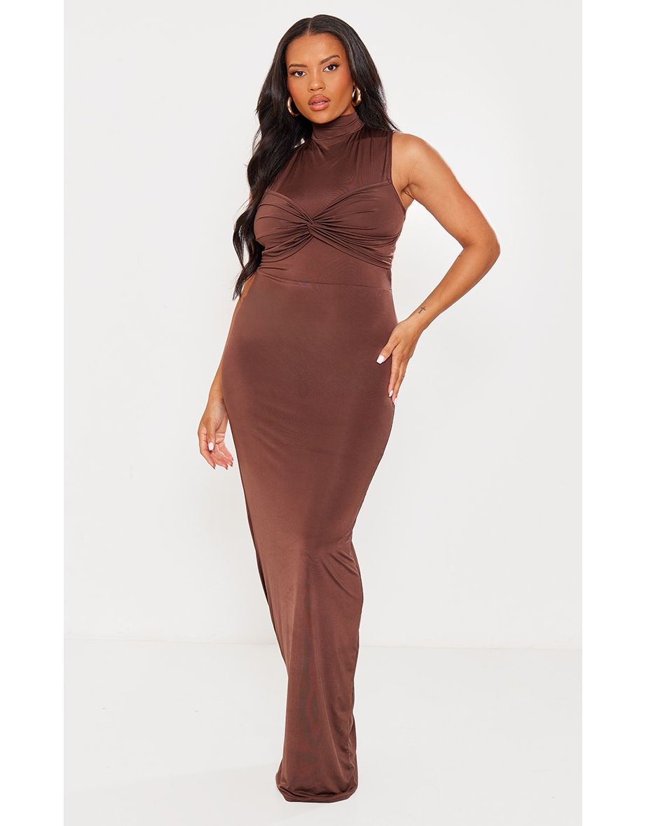 Plus Brown Slinky Knot Detail Ruched Maxi Dress
