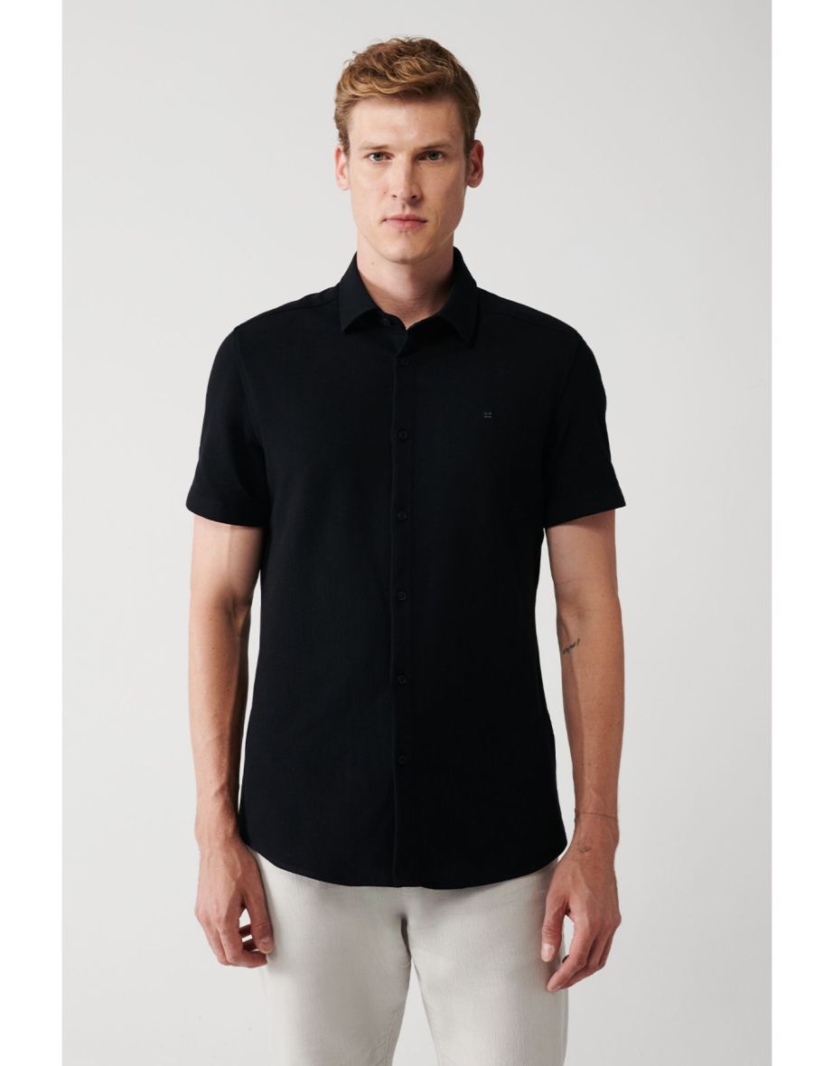 Men's Black Easy-to-Iron Classic Collar Knitted Lycra Cotton Slim Fit Slim Fit Short Sleeve Shirt