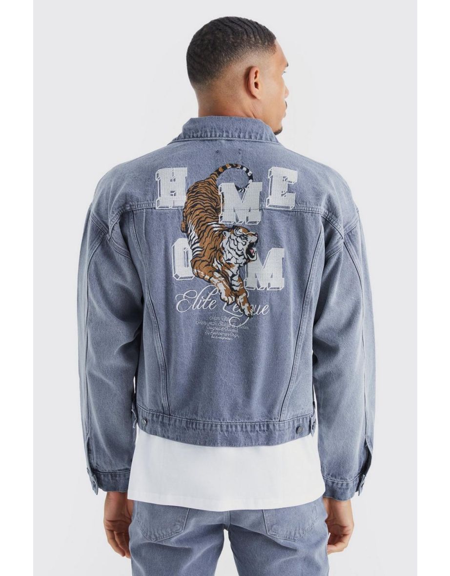 Tall Boxy Fit Tiger Applique Denim Jacket - grey - 2