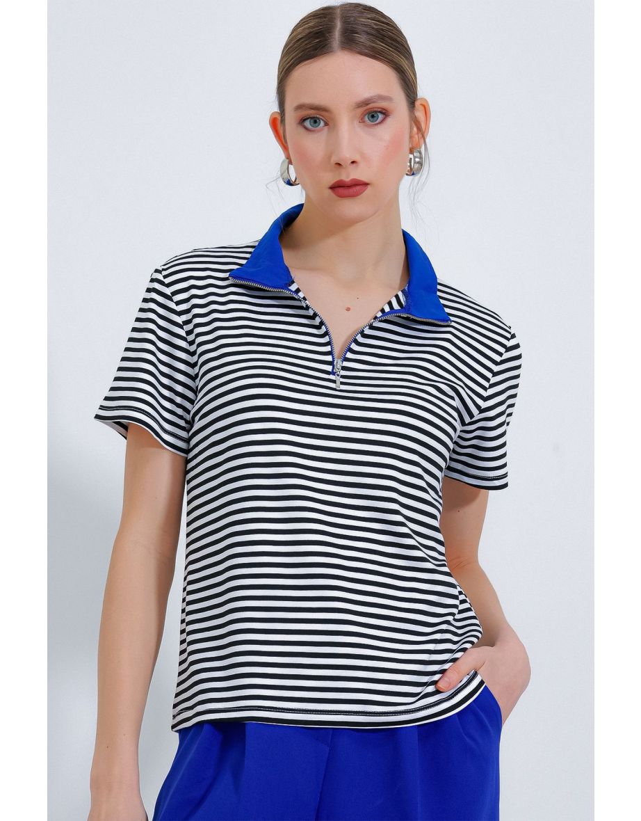 Women's Saks Polo Neck Zippered Striped T-Shirt