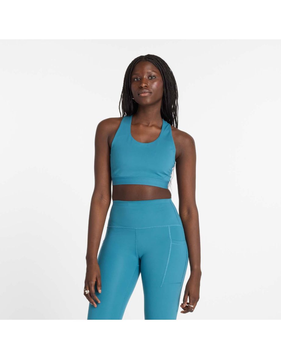 Women's New Balance Sleek Medium Support Pocket Sports Bra in Blue