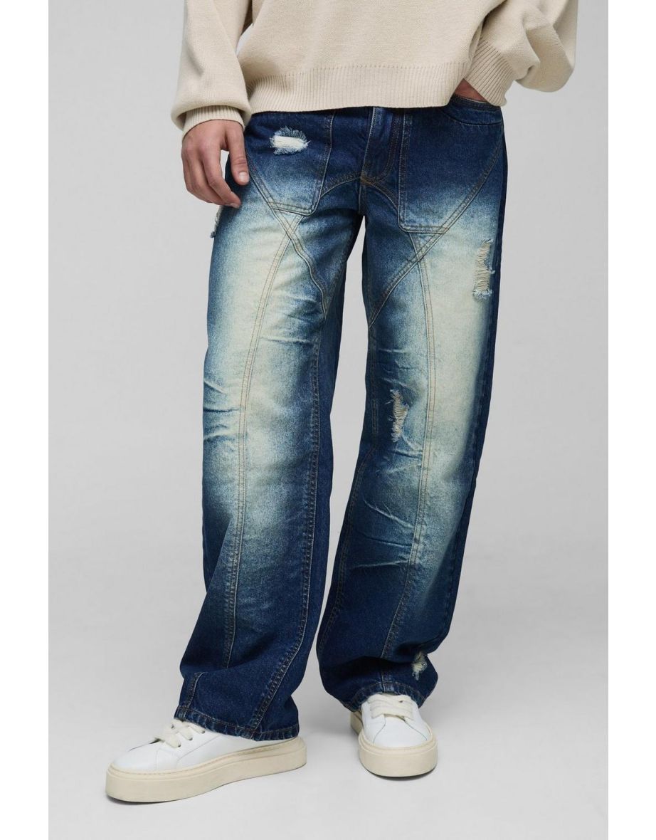 Relaxed Rigid Distressed Panelled Crinkle Wash Denim Jeans