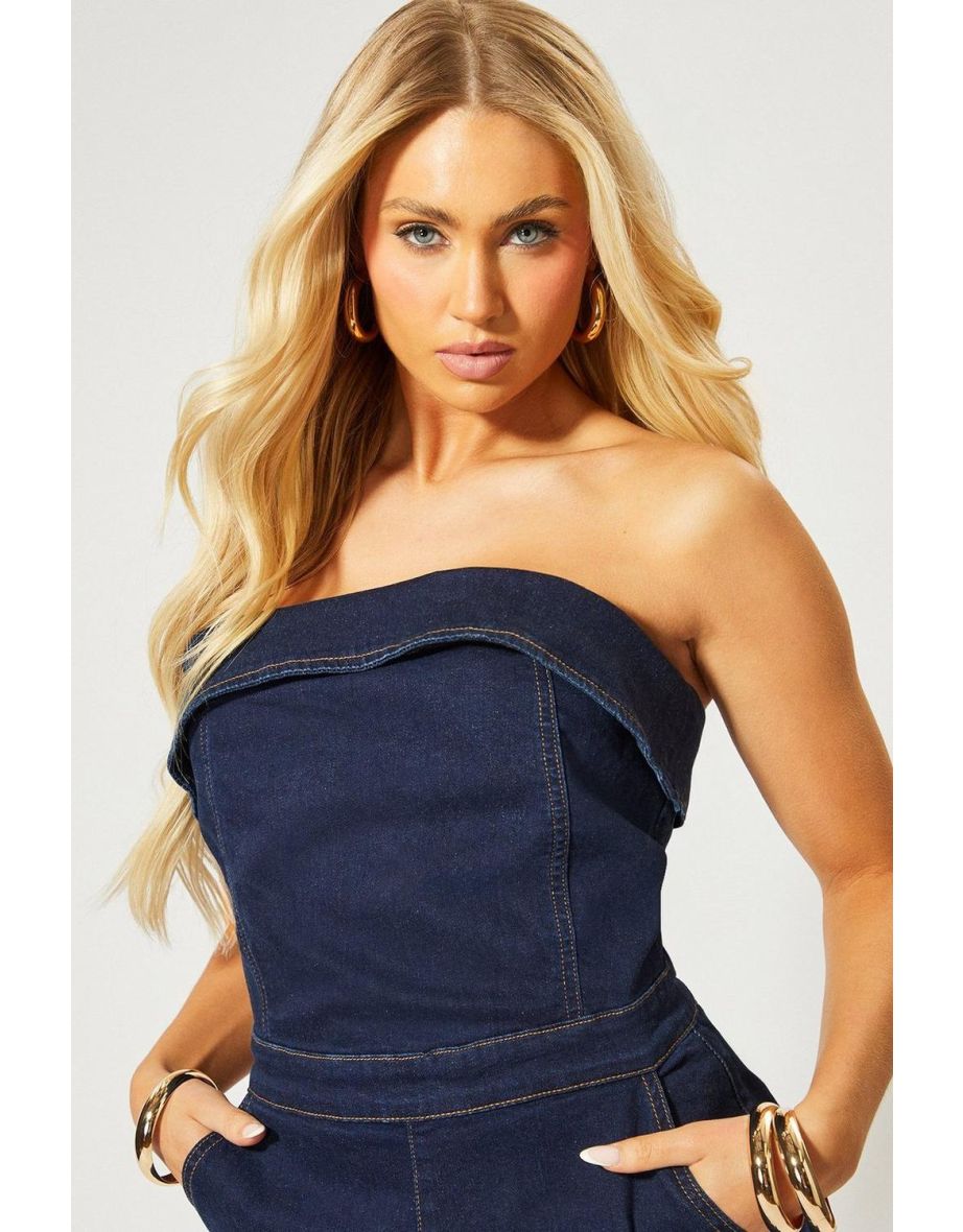 Fold Over Bandeau Denim Jumpsuit - 3