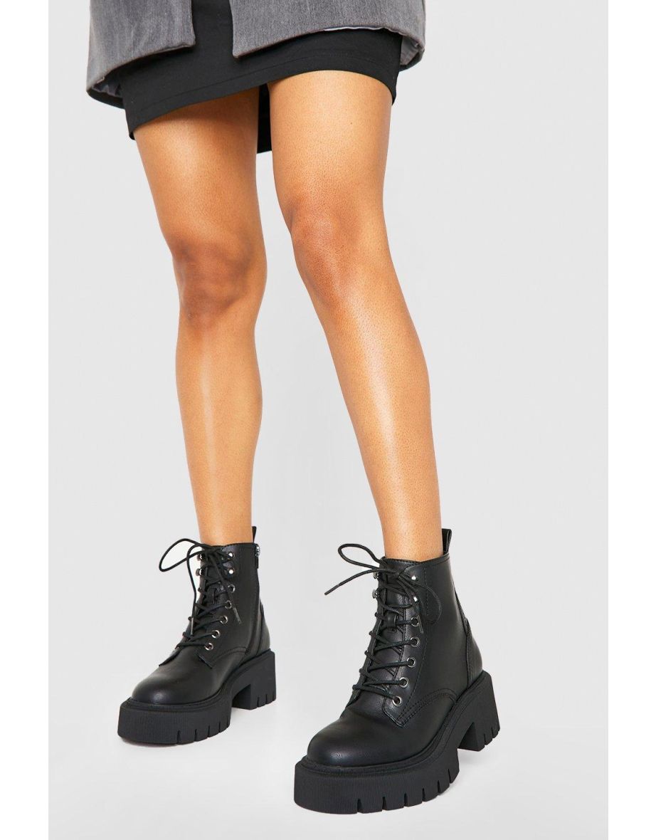 Tab Detail Chunky Lace Up Hiker Boots - black