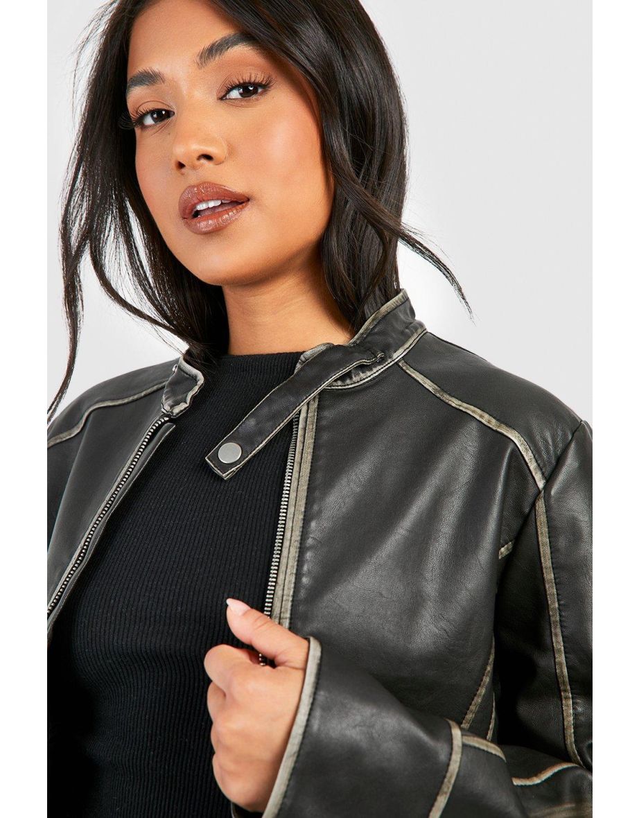Petite Vintage Look Moto Faux Leather  Jacket - black - 3
