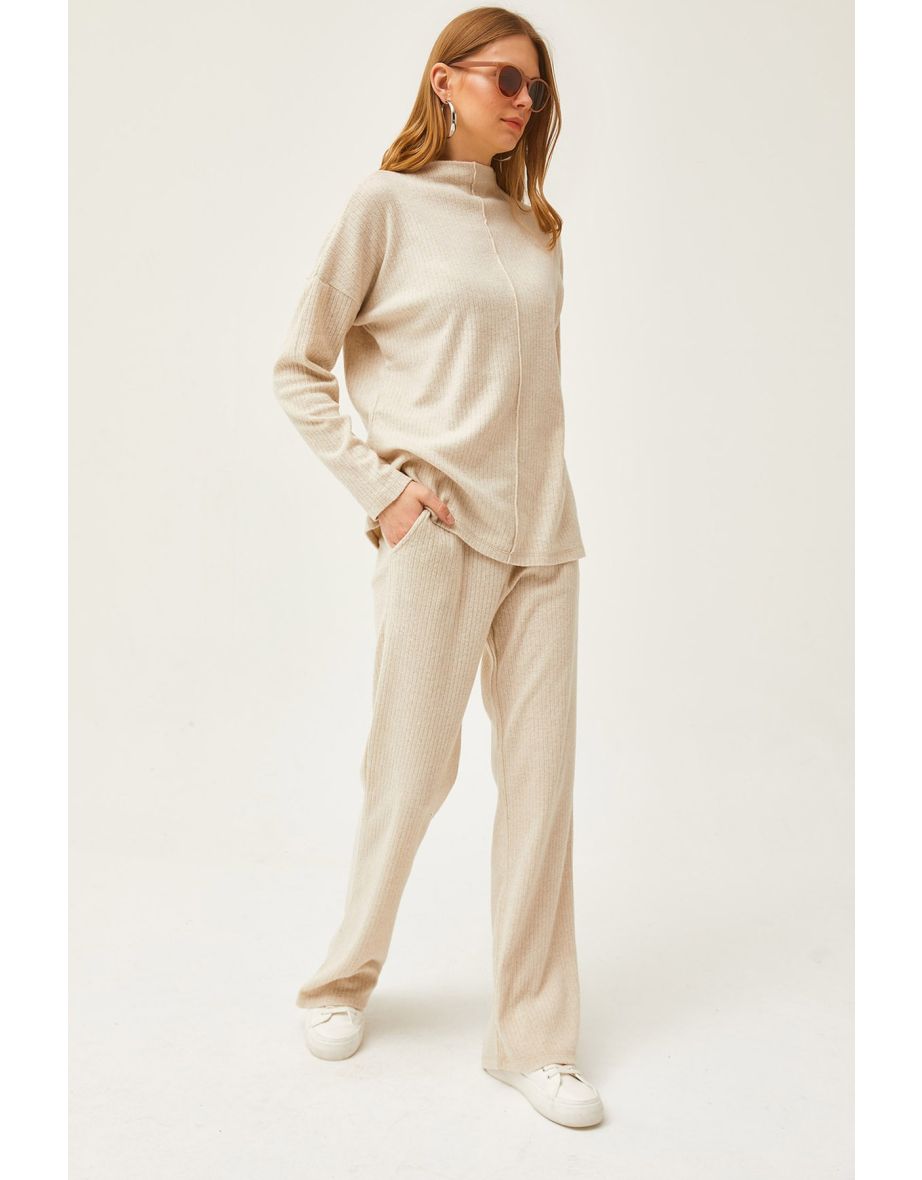 Women's Stone Bottom Pocket Trousers Top High Collar Blouse Raised Suit