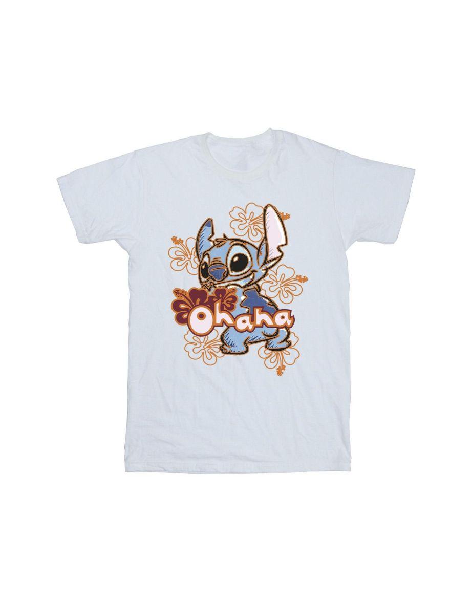Disney Mens Lilo And Stitch Ohana Orange Hibiscus T-Shirt - White