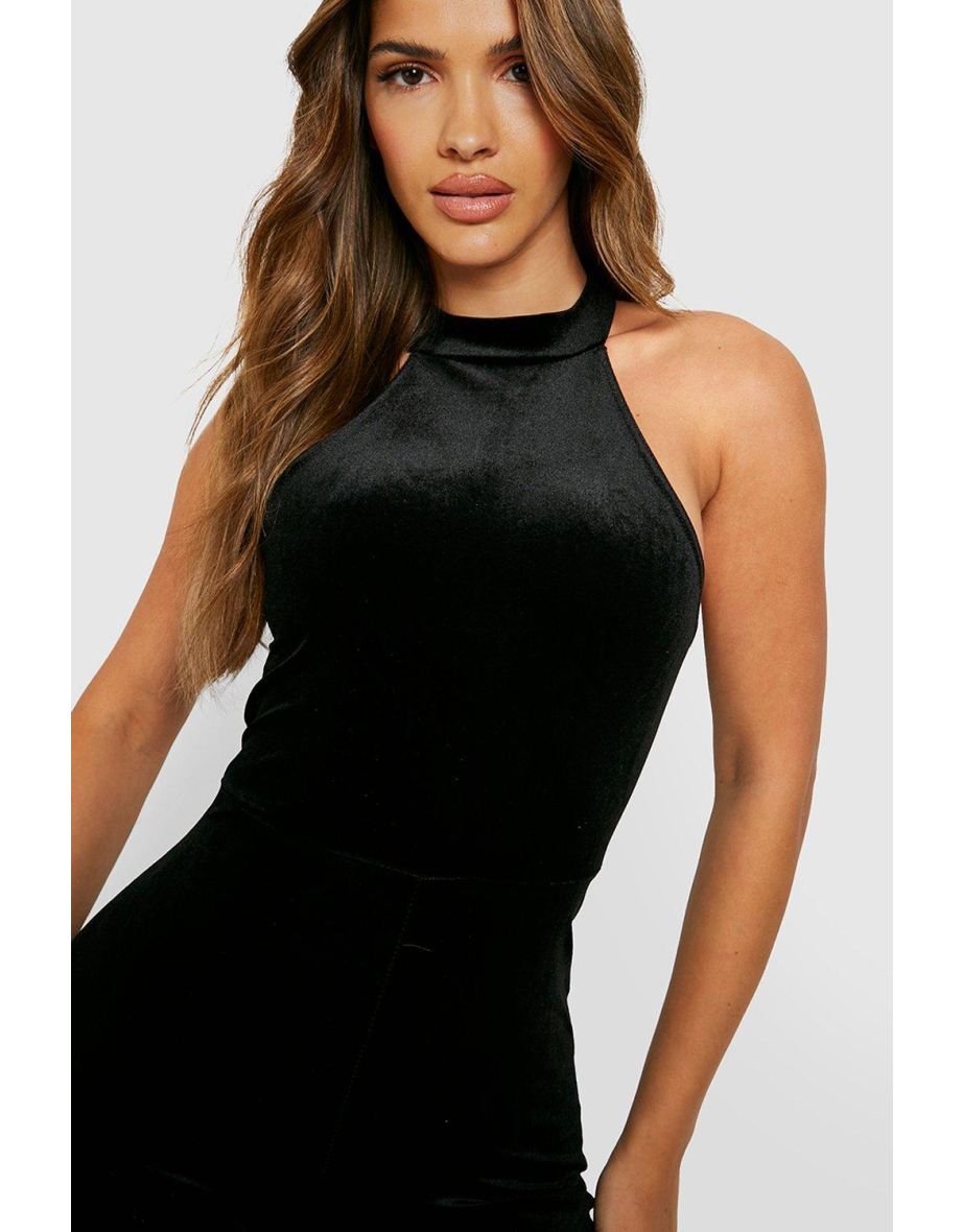 Velvet Halter Neck Jumpsuit - black - 3