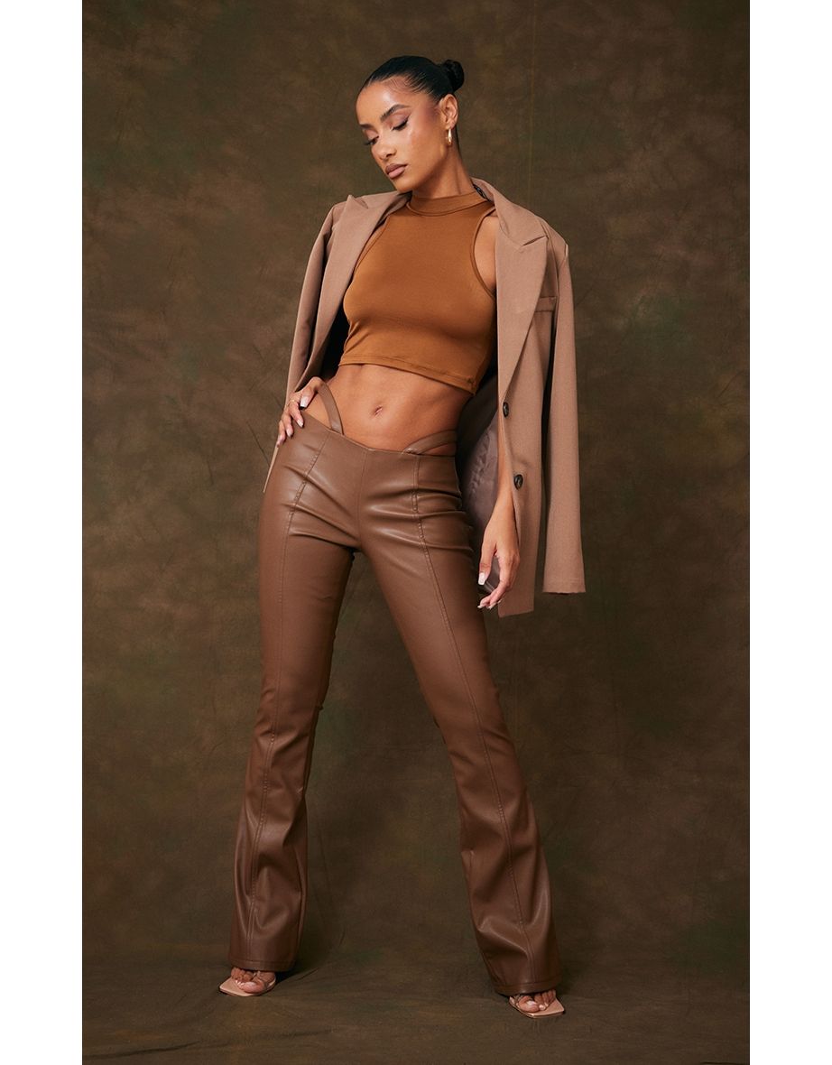 Chocolate Brown Faux Leather Cut Out Low Waist Flares