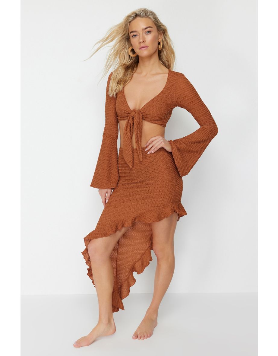 Brown Fitted Woven Tied Blouse Skirt Set - 7
