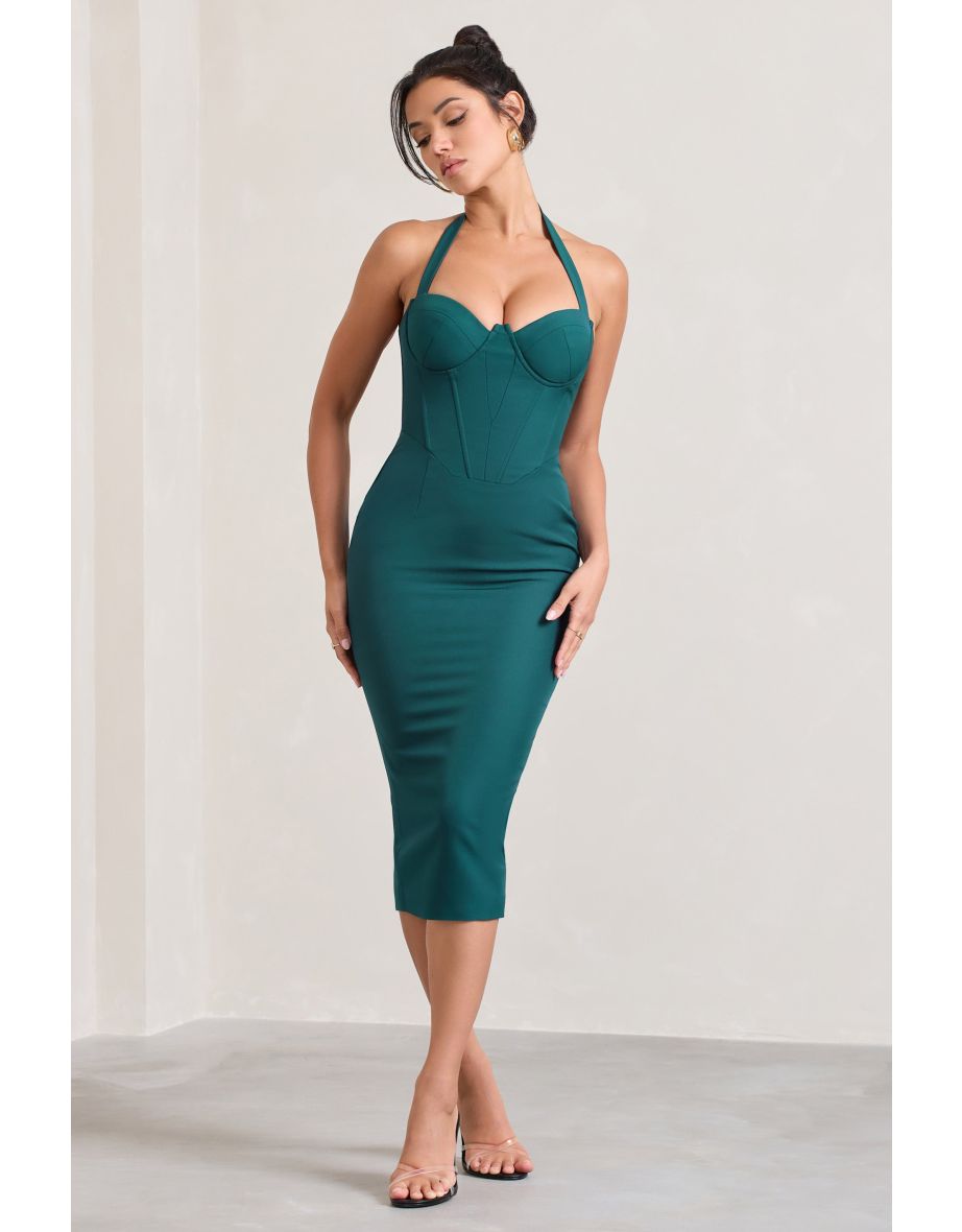 Supermodel | Bottle Green Halter-Neck Corset Midi Dress - 4