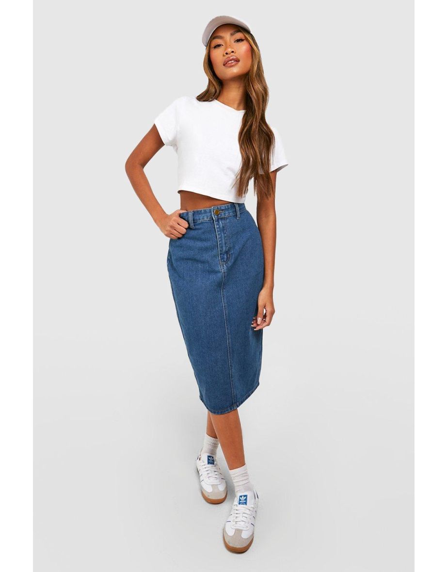 Shop High Waisted Stretch Denim Midi Skirt mid wash Online in Oman VogaCloset