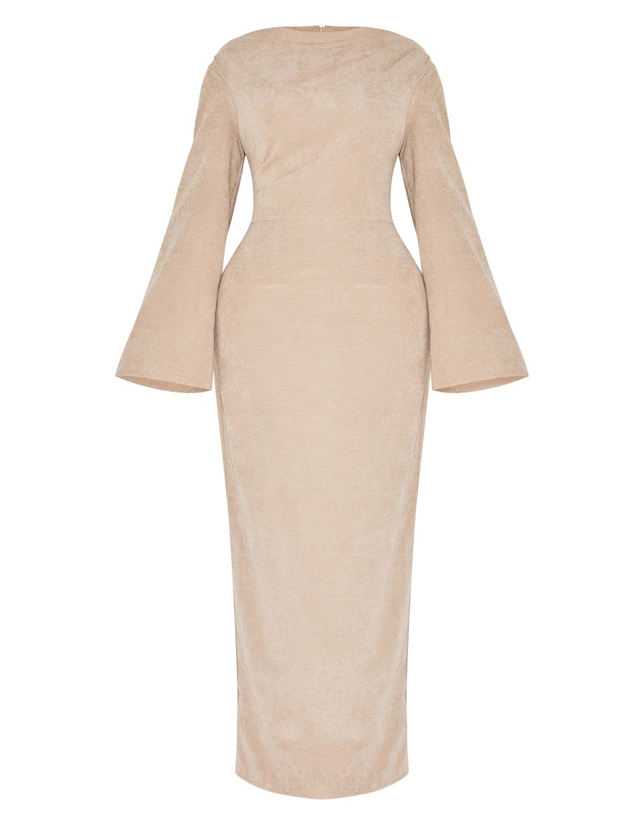 Shape Stone Peach Skin Boat Neck Flare Sleeve Fishtail Maxi Dress - 4