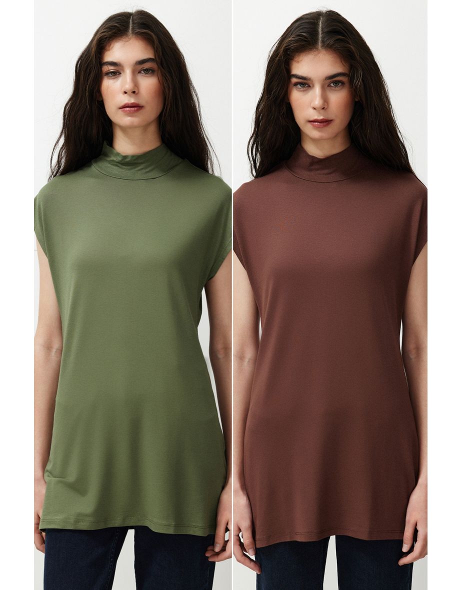 2-Pack Brown-Khaki High Neck Sleeveless Underwear Lining Tunic