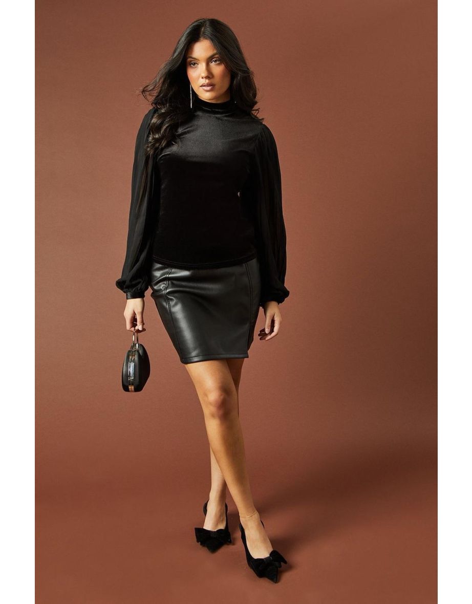 Pleated Chiffon sleeve velvet tie back blouse