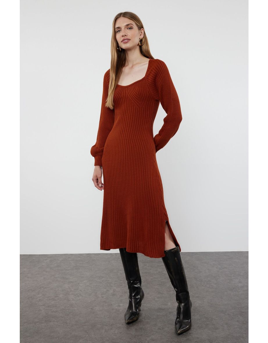 Tile Midi Knitwear Sweetheart Neckline Dress
