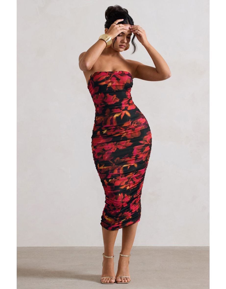 Inara | Orange Floral Print Strapless Ruched Midi Dress