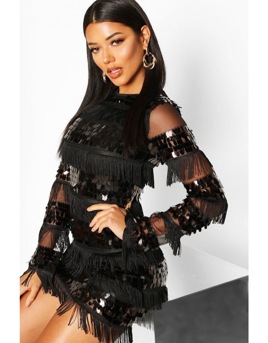 Sequin and Tassel Long Sleeve Bodycon Party Dress - black - 3