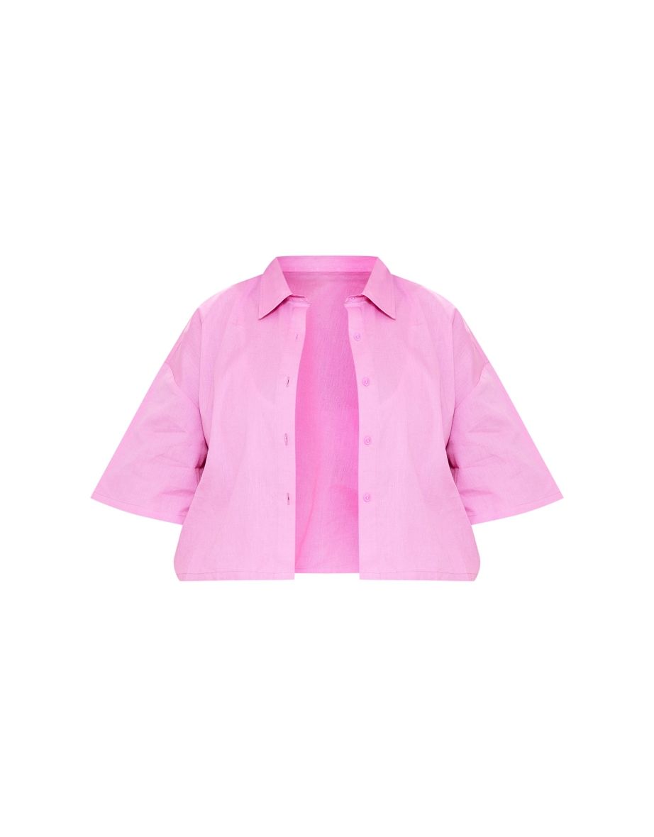 Plus Pink Linen Look Oversized Crop Shirt - 4