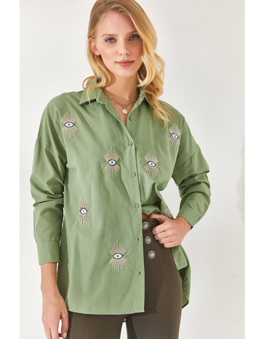 Mustard Green Sequin Detailed Woven Boyfriend Shirt