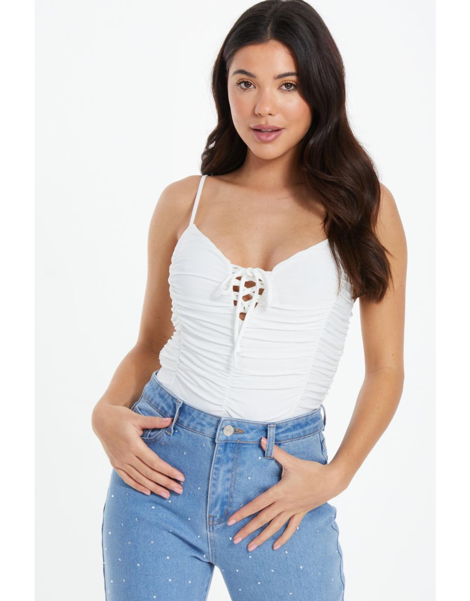 Cream Lace Up Ruched Bodysuit