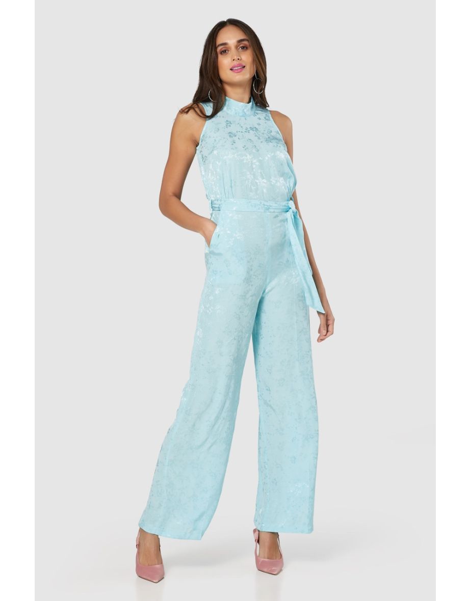 Closet London Blue Jacquard Floral Tie Neck Jumpsuit