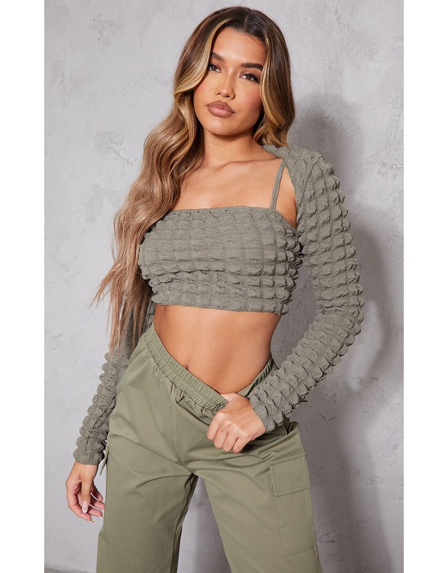 Khaki Bubble Textured Arm Warmer Top