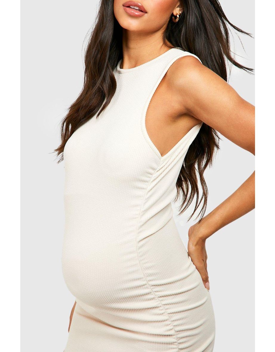Maternity Crinkle Rib Ruched Racer Neck Bodycon Dress - ecru - 3