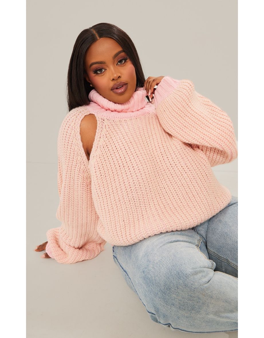 Plus Pink And Cream Knit Roll Neck Cut Out Cropped Jumper