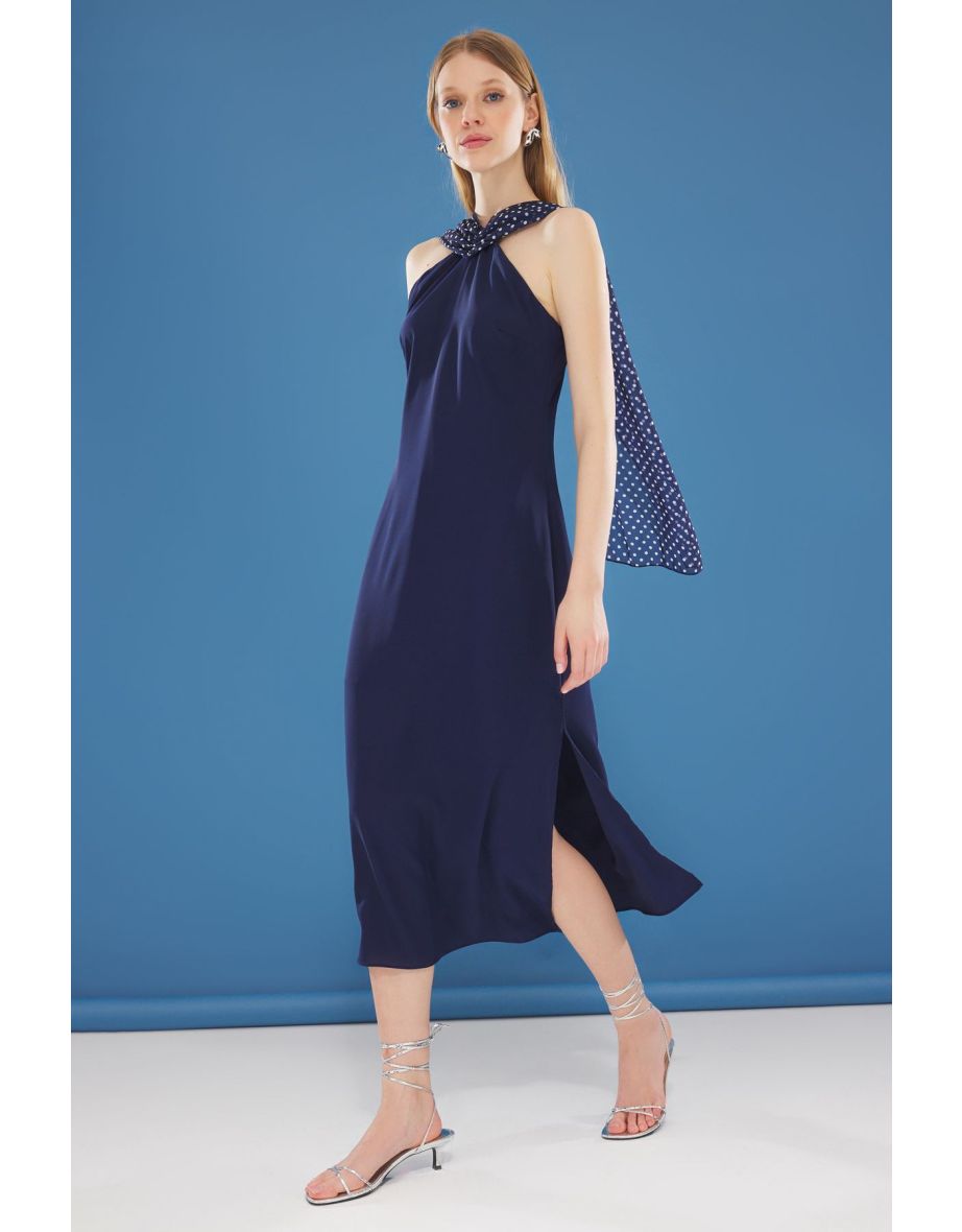 Navy Blue Polka Dot A-Line Neck Scarf Maxi Woven Dress