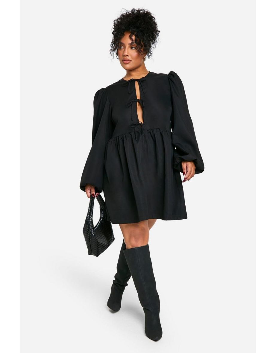 Plus Tie Front Long Sleeve Smock Dress - black