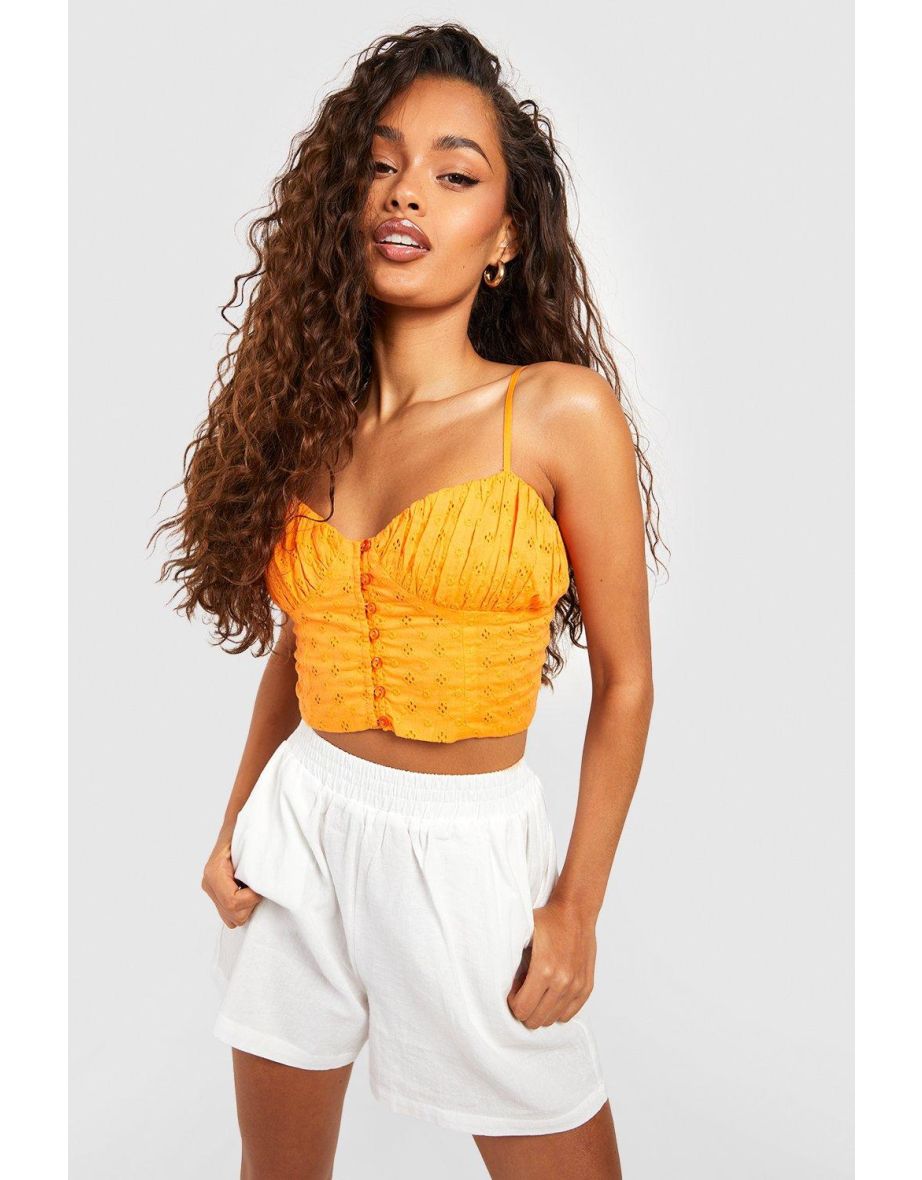 Broderie Cupped Button Front Crop Top - orange - 3