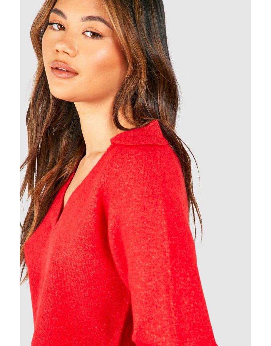 Soft Knit Fine Gauge Cropped Polo Collar Jumper - tomato - 3