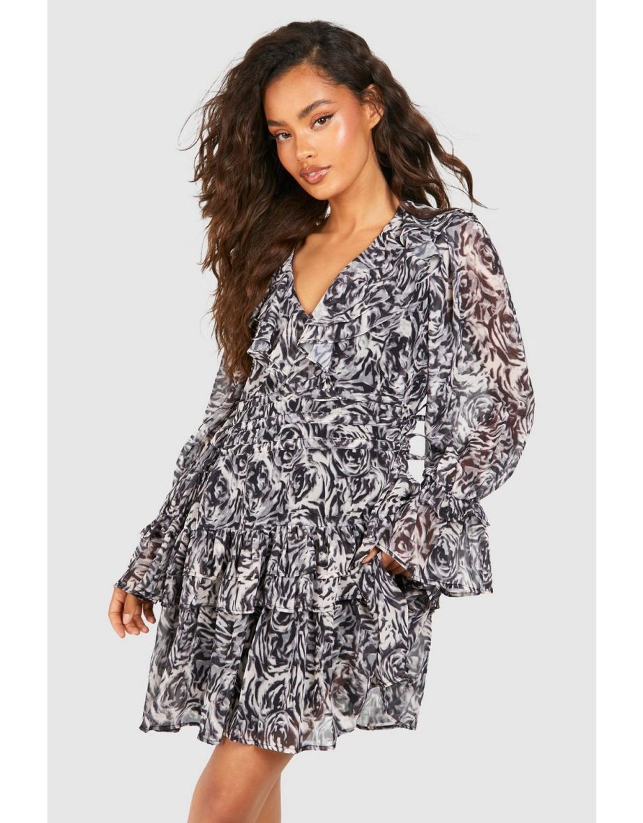 Floral Chiffon Ruffle Detail Smock Dress - black