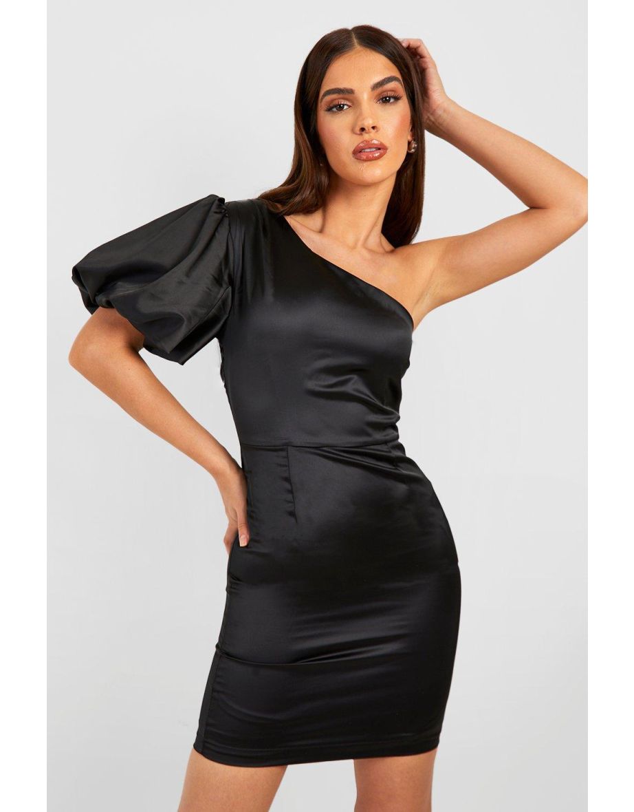 Puff Sleeve Satin Mini Dress - black