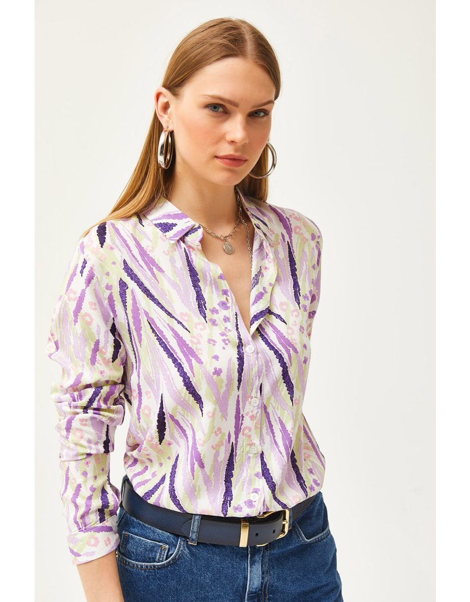 Women's Purple Lilac Leaf Patterned Woven Viscose Shirt