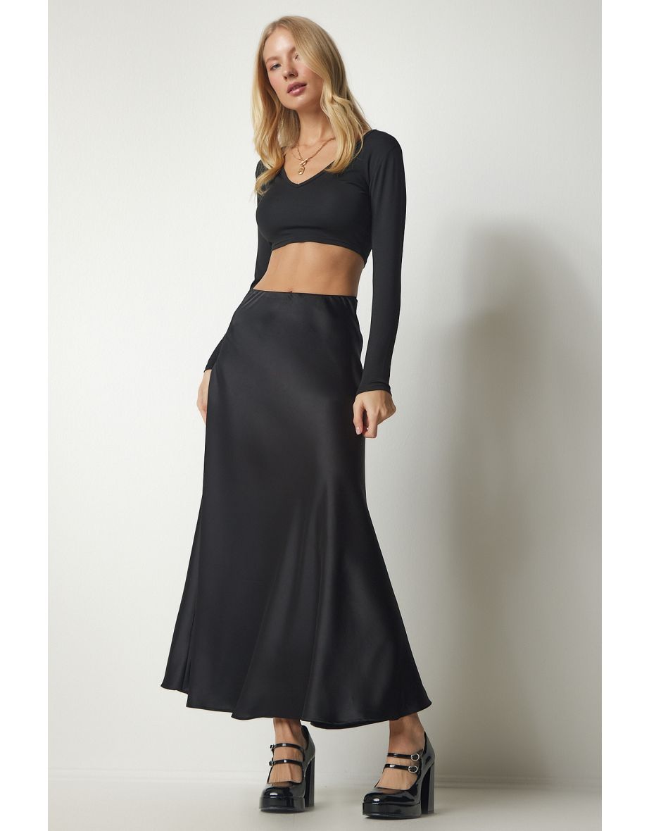 Women's Black Satin Finish Long Skirt