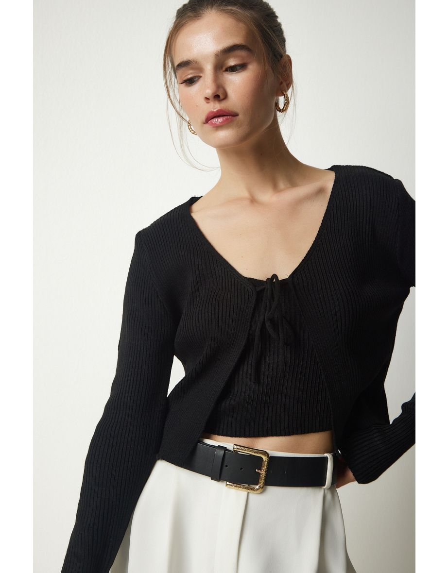 Women's Black Corduroy Sweater Crop Cardigan Suit