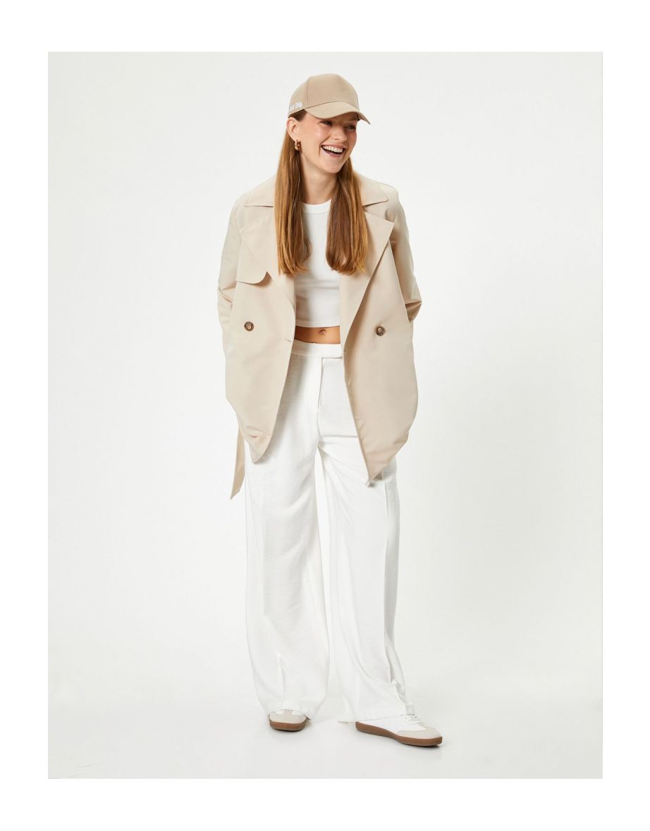 Short Trench Coat Reverse Double Breasted Collar Belt Detail Pockets Wind Flap