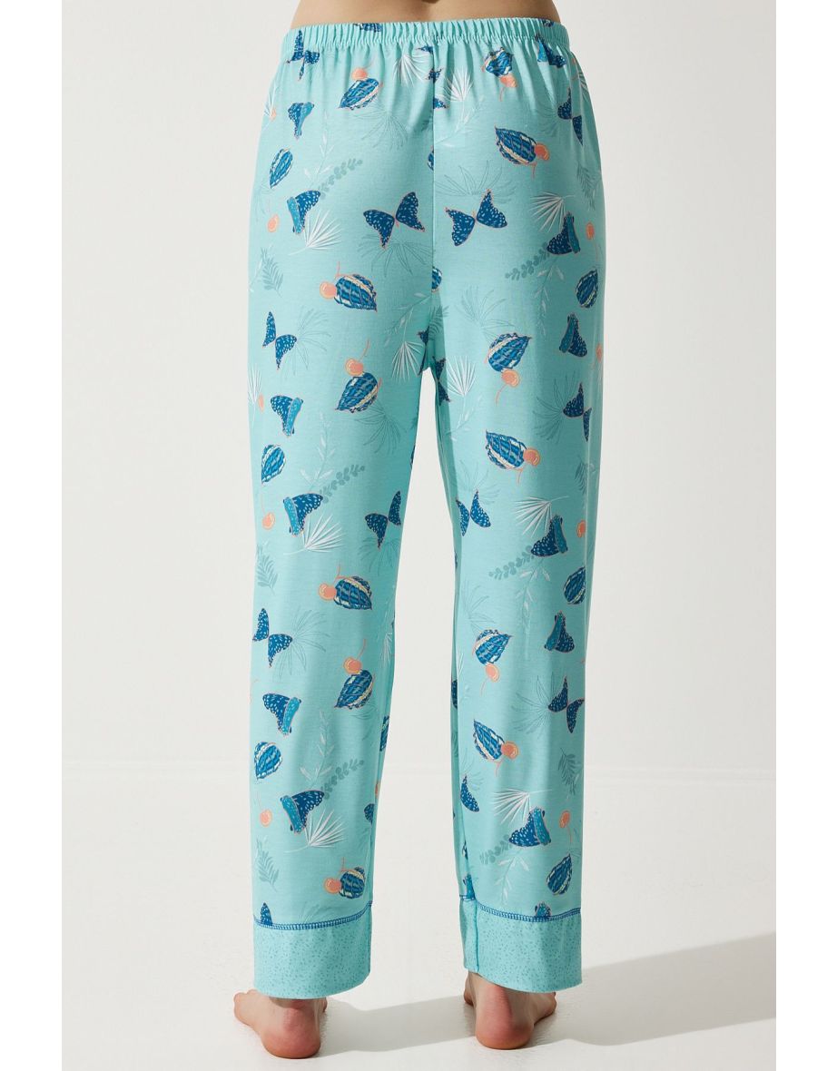 Women's Aqua Green Patterned Shirt-Pants Knitted Pajama Set - 6