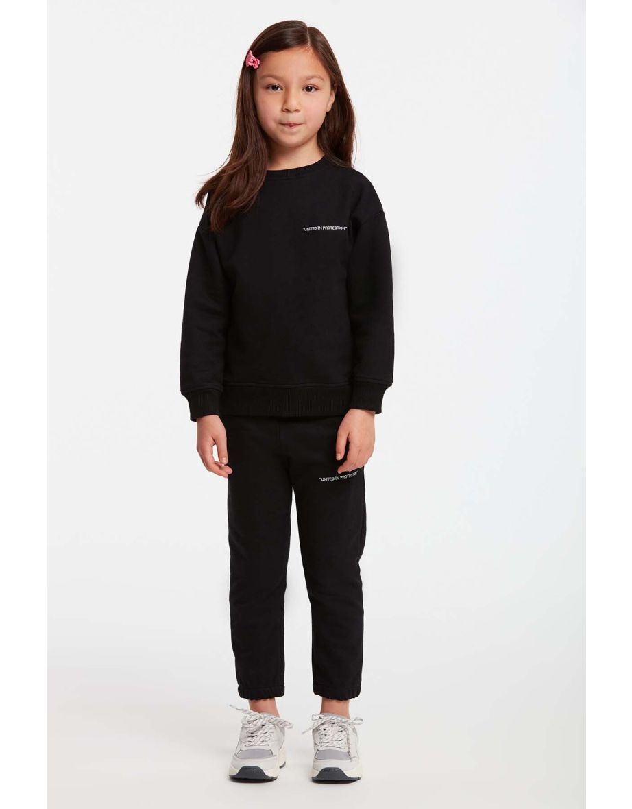 Jabor Girl's Embroidered Crew Neck Comfort Black Tracksuit Set - 4