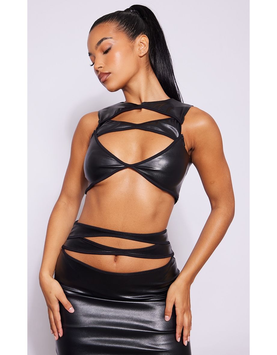 Black Faux Leather Extreme Cut Out Detail Midaxi Skirt