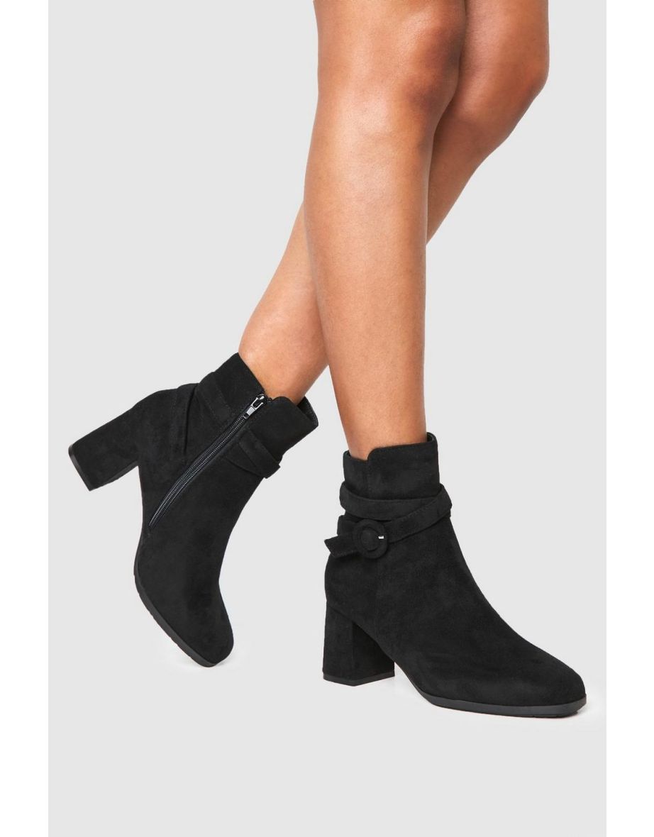 Buckle Detail Faux Suede Block Heel Ankle Boots - black