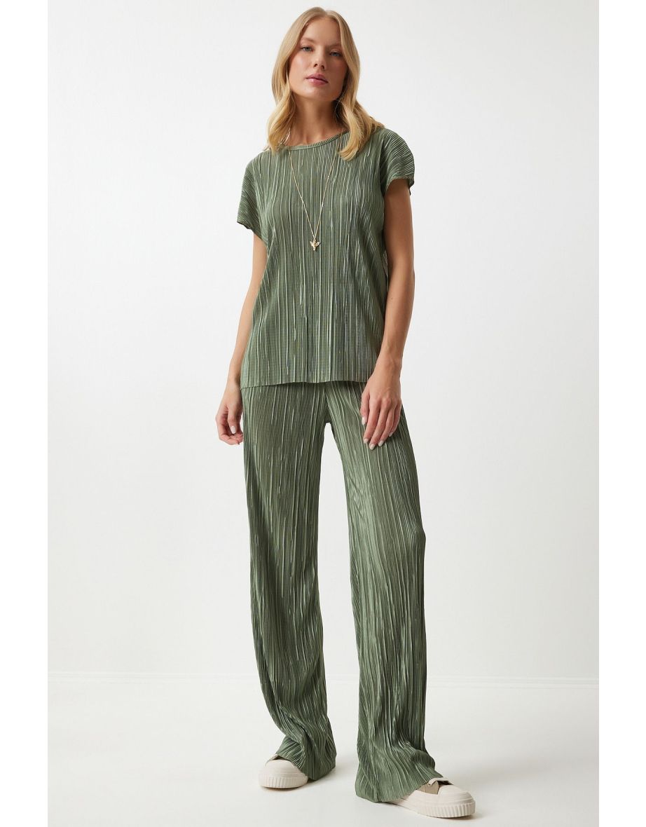 Women's Green Pleated Casual Blouse Trousers Set