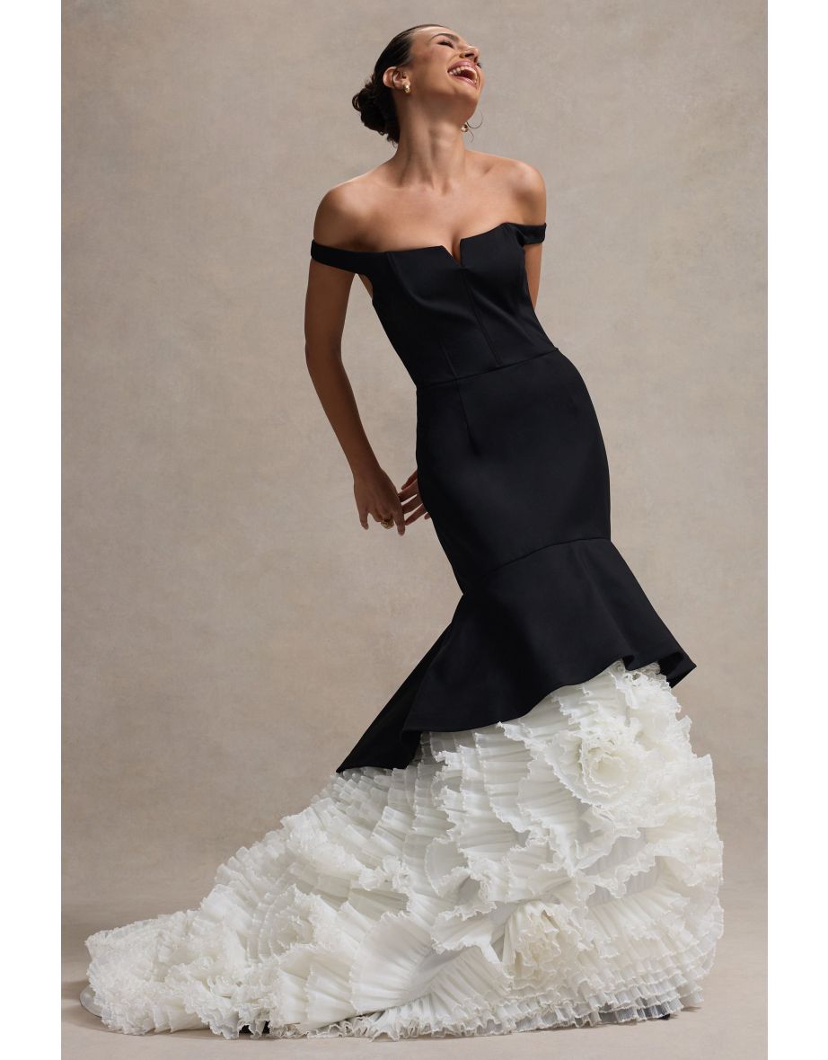 The Greatest | Black & Cream Bardot Maxi Dress With Tulle Skirt - 9