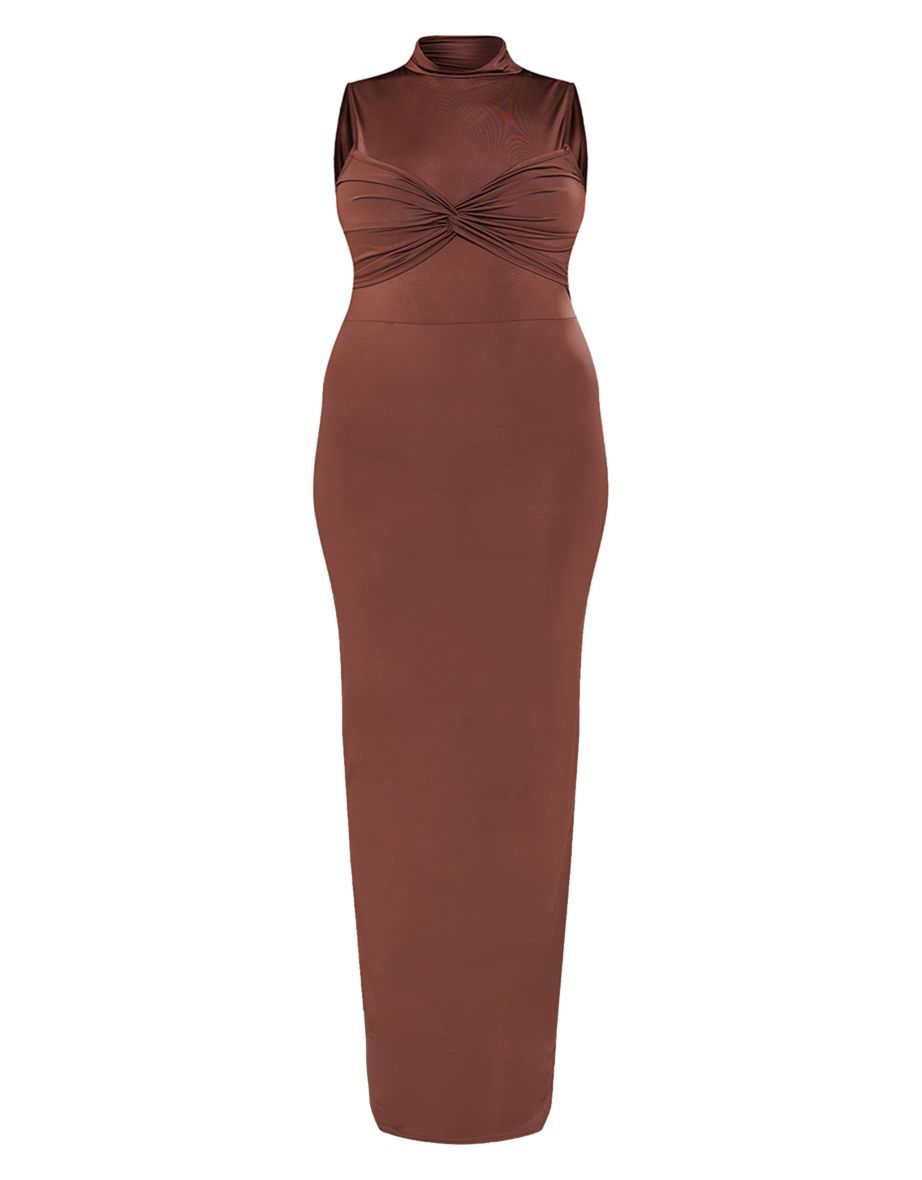 Plus Brown Slinky Knot Detail Ruched Maxi Dress - 4